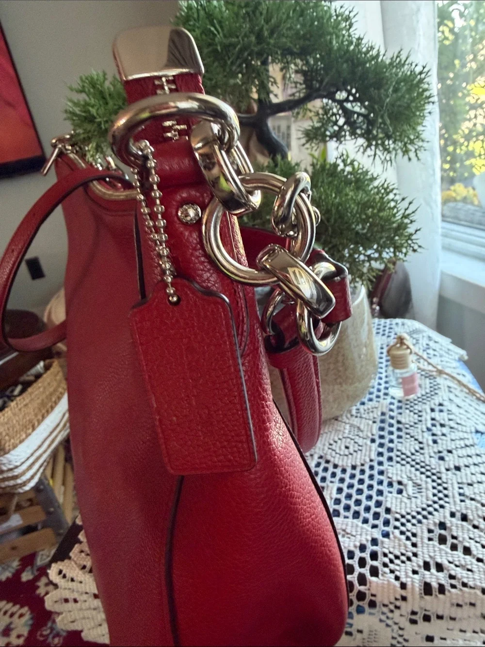 Coach Red Pebble Leather Shoulder Hobo